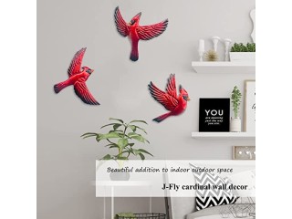 J-Fly Red Bird Cardinal Wall Art Decor, Large Highlight Antique 3 pack Metal Decoration