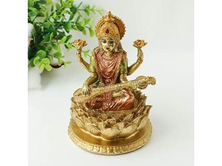 Alikiki 6.3" H Sarswati Sitting on Lotus Figurines in Antique Gold