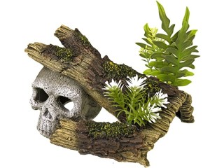 Rosewood Polyresin Skull Log with Plants Aquarium Ornament, Small
