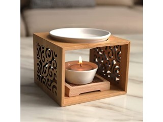 Bamboo Oil Burner Tea Light with Candle Holder Set, Scented Warmer, Tea Light, Openwork Engraving Aroma Lamp