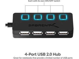 SABRENT USB hub, USB adapter 2.0, 4 port USB extension with ON/OFF switches