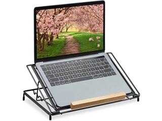 Relaxdays Metal Mesh Laptop Stand, 13 inch,Ventilation Notebook Holder, Adjustable Height, Steel & Wood, Black, steel, Pack of 1