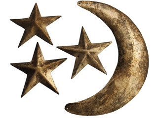 Mango Gifts Rustic Metal Moon Star Wall Decoration Mounted Wall Art Antique Gold Finish 4 Pcs Vintage Farmhouse Star Home Décor