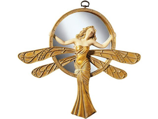 Design Toscano Lady of the Lake Art Deco Wall Mirror Sculpture, 11 Inch, Polyresin, Gold and Ivory