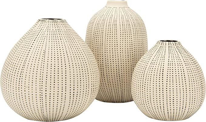 creative-co-op-df0842-white-stoneware-textured-black-polka-dots-set-of-3-sizes-vase-big-0