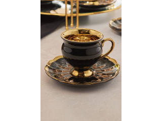 Exclusive Black Set of 6 Coffee Cups 90 Ml, 12 Pieces, Porcelain Material, Tea Cups and Serving Tableware Kitchen Home Furniture