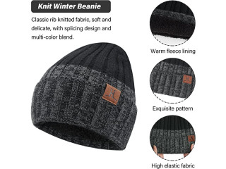 Mens Winter Knit Beanie Hat Scarf Touchscreen Gloves Set, Winter Warm Skull Cap Neck Warmer Gloves Set with Fleece Lined