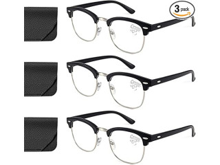 CCVOO 3 Pack Reading Glasses Blue Light Blocking, Retro Semi Rimless Readers for Men Women,
