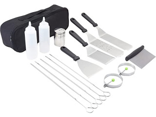 Amazon Basics 15-Piece Stainless Steel Barbeque Griddle Accessories Set with Carry Bag
