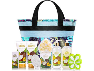 Spa Gift Basket for Women, Coconut Bath and Body Gift Set, Birthday Spa Gifts for Her, 10 Pc Bath Set